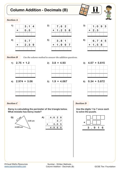 Column Addition - Decimals (B) Year 9 Maths Worksheets, Ks3 Maths Worksheets, Year 8 Maths Worksheets, Ks1 Maths Worksheets, Year 6 Maths Worksheets, Year 5 Maths Worksheets, Year 7 Maths Worksheets, Year 4 Maths Worksheets, Year 2 Maths Worksheets