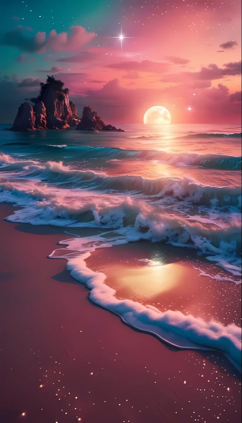 A fantasy beach with sparkling sand, stars, and a colorful sunset sky with full moon Pretty Pictures Of The Ocean, Beach Fantasy Art, Fantasy Beach Aesthetic, Fantasy Sunset, Fantasy Ocean Art, Fantasy Beach, Mermaid Anime, Dream Pictures, Beach Artwork