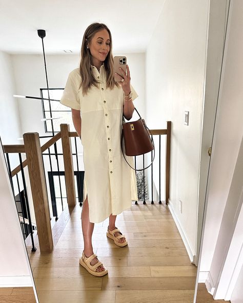 Dad Sandals Outfit, Celine Bucket Bag, Dressy Summer Dresses, Dress Shorts Outfit, Celine Belt, Tan Outfit, Dress And Sneakers Outfit, Dad Sandals, Midi Dress Outfit