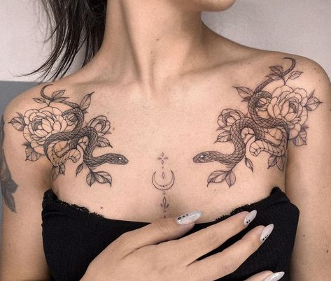 Dragon Collar Bone Tattoos For Women, Tarot Chest Tattoo, Floral Chest Piece Tattoo, Witchy Collarbone Tattoo, Arm To Chest Tattoo, Snake Tattoo Chest Women, Collarbone And Shoulder Tattoo, Patchwork Chest Tattoo Female, Chest Tattoo Female Snake