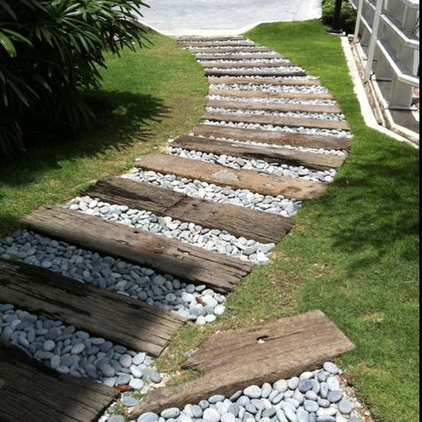 Pebble River Garden, Railroad Tie Walkway, Railroad Ties, Pebble Garden, Outdoor Walkway, Garden Walkway, Backyard Garden Design, Garden Pathway, Front Yard Landscaping Design