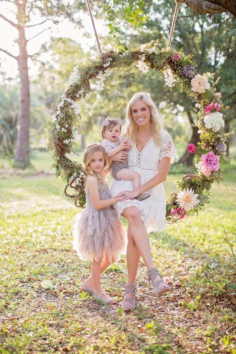 DIY Flower Circle Tree Swing – Stephanie Hanna Blog Cherry Blossom Garland, Pink Wreaths, Outdoor Wedding Arch, Artificial Vines, Indoor Outdoor Wedding, Fairy Photography, Props Ideas, Wedding Arches Outdoors, Diy Photography Props