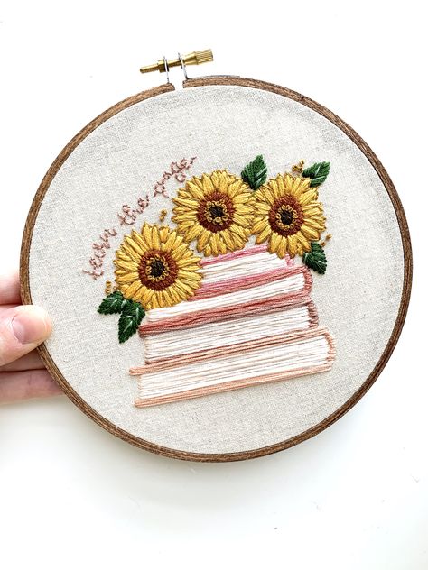 Turn the Page Embroidery Chrysanthemum Embroidery, Embroidery Sunflower, Book Embroidery, Sunflower Embroidery, Botanical Embroidery, Turn The Page, Diy Embroidery Patterns, Embroidery Book, Pola Kristik