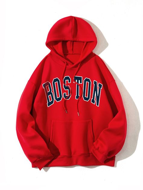 Letter Graphic Drawstring Thermal Lined Hoodie Boston Print, California Hoodie, Navy Blue Hoodie, Lined Hoodie, Sports Sweatshirts, Active Hoodie, Cool Hoodies, Red Hoodie, Drawstring Hoodie