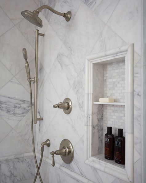 Carrera Bathroom, Shower Niche Trim, Marble Shower Niche, Soap Niche, Marble Tile Shower, Half Wall Shower, Carrara Marble Bathroom, Bathroom Niche, Marble Tub