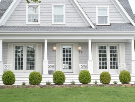 Window Boxes and Curb Appeal - Nesting With Grace Gray Siding Farmhouse, Light Gray Colonial House Exterior, Coastal New England Home Exterior, New England Homes Exterior, New England Home Exterior, Farmhouse Siding, New England Exterior, House Outside Colour Combination, Train House