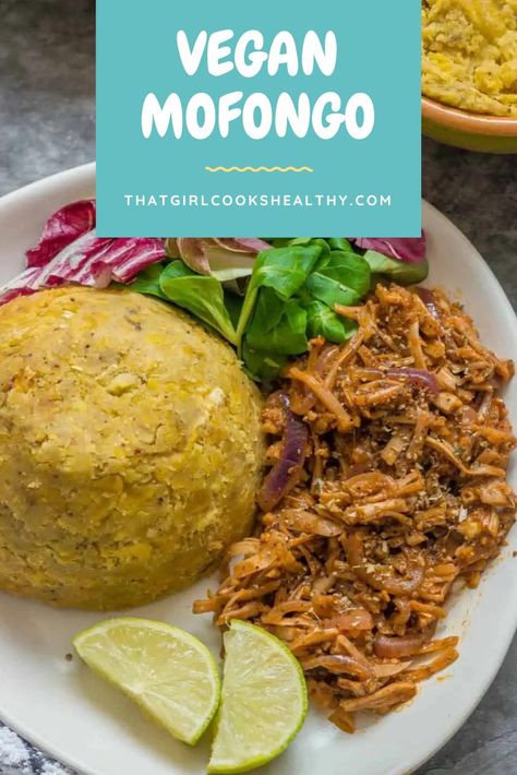 Vegan Mofongo on a plate with veggies and lime wedges. Vegan Mofongo, Mofongo Puerto Rican, Mofongo Recipe, Green Plantains, Plantain Recipes, Healthy Plant Based Recipes, Vegetarian Menu, Vegan Living, Healthy Food Motivation