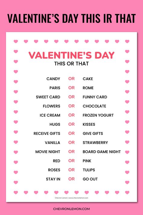 Free printable Valentine's Day this or that game Valentines Fb Games, Valentines Would You Rather, Galentine Activities For Teens, This Or That Valentines Day, Valentines Games For Teenagers, Games For Valentines Day For Kids, Galantines Day Games, Valentines Day Games For Staff, Free Valentine’s Day Ideas