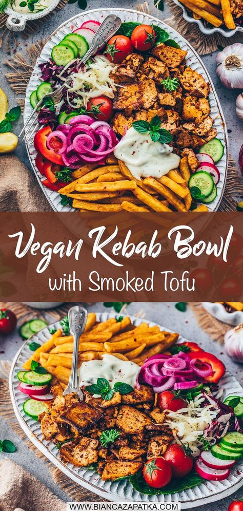 This Homemade Vegan Doner Kebab Bowl with crispy shredded tofu meat is a simple and delicious recipe that tastes even better than the original from the restaurant! Tofu Meat, Tofu Kebab, Shredded Tofu, Vegan Kebab, Vegan Casserole Recipes, Kebab Meat, Salad Veggies, Vegan Casserole, Meat Salad