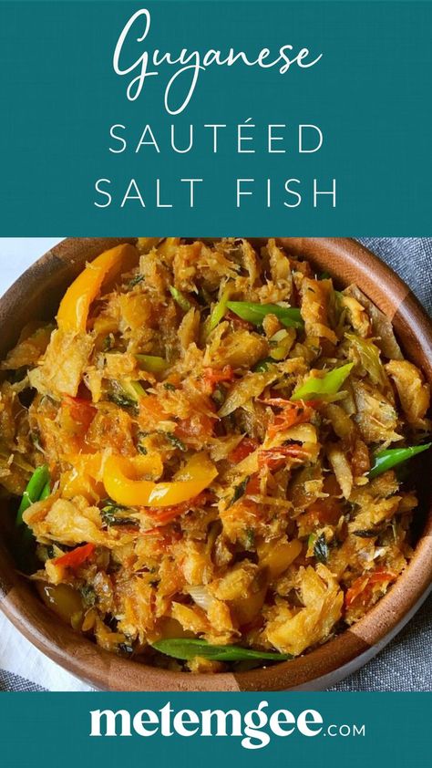 Salt Fish And Bake, Salt Fish Recipe Trinidad, Salted Fish Recipe, Easy Caribbean Recipes, Saltfish Recipes Caribbean, Jamaican Salt Fish Recipe, Caribbean Fish Recipes, Guyanese Breakfast, Salt Fish Recipe Jamaican