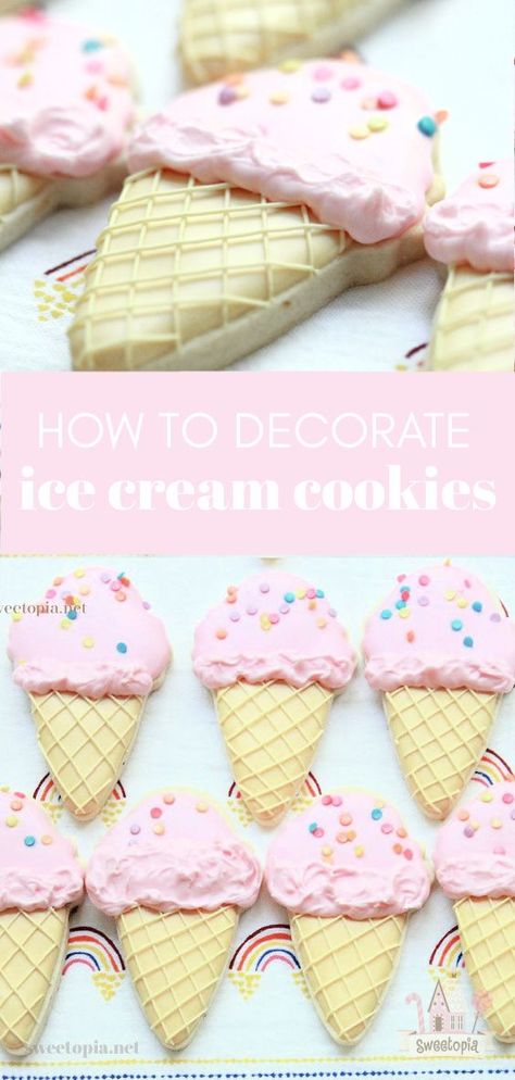 Cookie Decorating Ideas Summer, Icing Cookies Tutorial, Royal Icing Recipes, Summer Sugar Cookies, Ice Cream Cone Cake, Icing Recipes, Ice Cream Decorations, Cookies With Royal Icing, Royal Iced Cookies