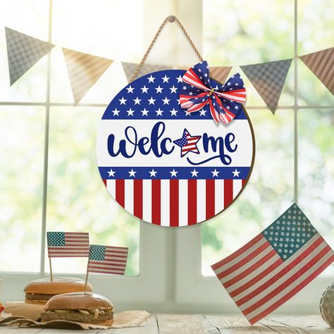 PRICES MAY VARY. 4th of July Themed Design: Patriotic welcome sign is designed with classic red, white and blue American flag elements, with cute and vivid Welcome letters, five-pointed stars elements printed on the board. This 4th of July door sign is suitable for Independence Day home decor and add a strong patriotic atmosphere to your house. Please Note: The bow-knot is not glued on the Patriotic welcome sign, you can DIY decorate it. Various Occasions Decor: 4th of July wreath is suitable fo Patriotic Welcome Sign, Sign Hanger, Welcome Door Sign, Usa Party, Welcome Door Signs, July Wreath, Welcome Letters, Welcome Door, Bow Knot