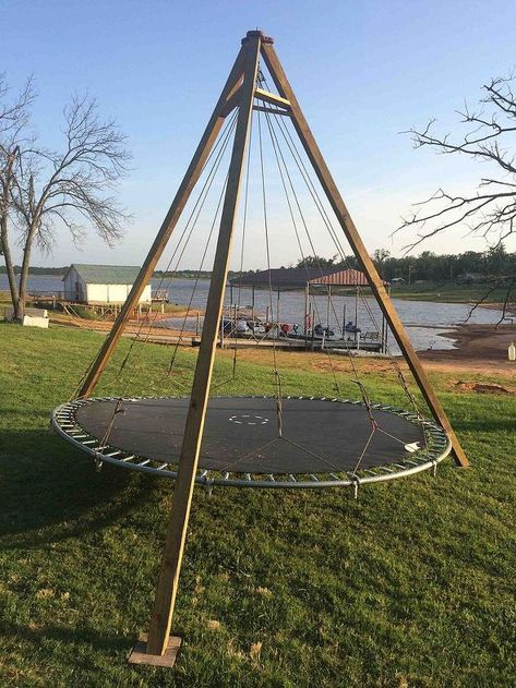 Built this using a trampoline top given to me by a friend, 3 4x4's, some rope and hardware. Still have to add canopy, mattress pad, and pillows to complete, but pretty comfy right now. Makes for good relaxation at the lake. Trampoline Hammock Diy, Trampoline Hammock, Diy Trampoline, Recycled Trampoline, Backyard Lounge, Trampoline Bed, Old Trampoline, Backyard Accessories, Backyard Toys