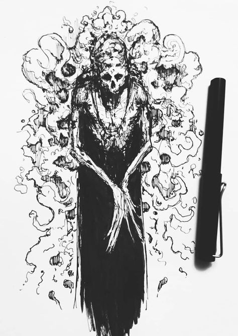 Gothic Ink Art, Ink Creature, Yoji Shinkawa, Jjk Oc, Fineliner Art, Scary Drawings, Ballpoint Pen Art, Scary Books, Creepy Drawings