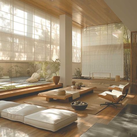 Low Sitting Living Room Ideas, Zen Lounge Room, Japanese Sitting Room, Modern Zen Living Room, Home Yoga Room, Sydney House, Organic Modern Living Room, Japanese Bedroom, Zen Interiors