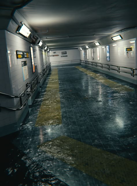 Liminal Space Subway, Flooded City Aesthetic, Flooded Aesthetic, Overgrown Subway, Megalophobia Aesthetic, Flooded Subway, Flood Aesthetic, Places And Spaces, Dreamscape Architecture