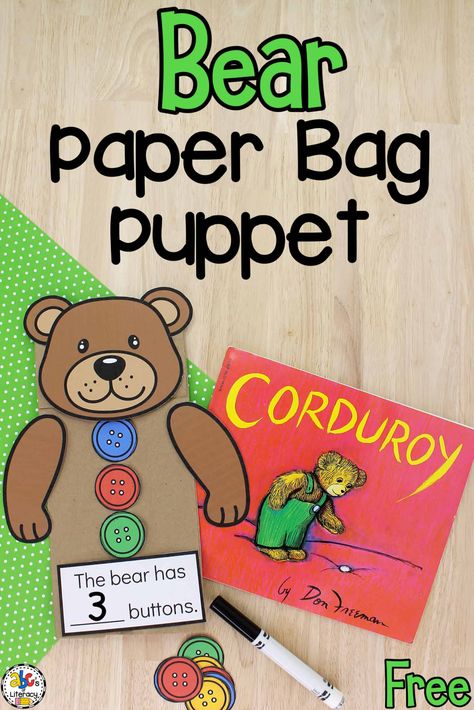 Corduroy Bear Activities, Corduroy Activities Kindergarten, Corduroy Bear Craft, Corduroy Crafts Preschool, Corduroy Book Activities, Corduroy Book Activities Preschool, Pocket For Corduroy Activities Preschool, A Pocket For Corduroy Activities, Bear Paper Bag Puppet