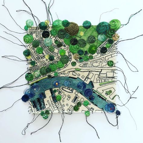 Places And Spaces Gcse Textiles, Kate Tarling, Textile Map, Travel Textiles, Map Art Projects, Textiles Flowers, Architecture Textiles, Embroidery Map, Map Collage