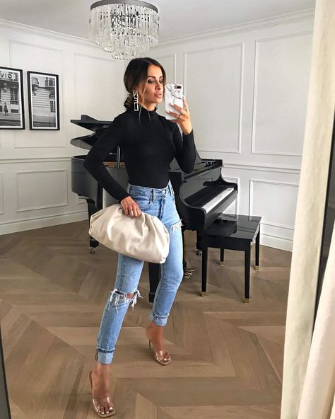 f337d999d9ad116a7b4f3d409fcc6480desc36423171ri Turtleneck Bodysuit Outfit, Bodysuit And Jeans Outfits, Dressy Jeans Outfit, How To Style Ripped Jeans, Winter Fashion Outfits Dressy, Ripped Jeans Look, Jeans Heels Outfit, Mia Mia Mine, Dressy Jeans