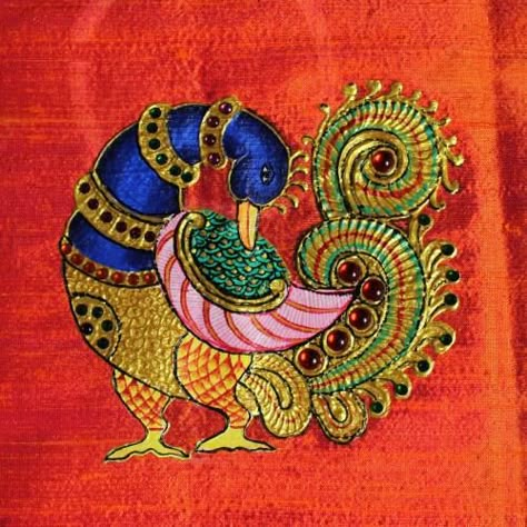 Peacock Fabric Painting On Blouse, Tanjore Painting On Dresses, Peacock Tanjore Painting On Fabric, Tanjore Painting On Blouses, Tanjore Painting Sketches, Painting On Blouse, Painting Blouses, Blouse Painting, Thanjavur Painting