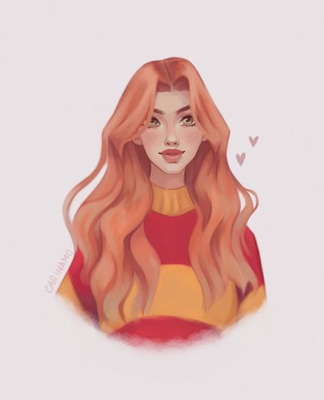 Art by @rinamoart on Insta Harry Potter Ginny Weasley Fanart, Ginny Weasley Fanart, Weasley Fanart, Ginny Weasley Fan Art, Fanart Harry Potter, Harry Potter Ginny Weasley, Harry Potter Ginny, Harry Potter Cartoon, Harry And Ginny