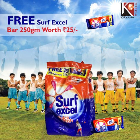 Free Surf Excel 250 gm Bar Worth Rs.25 with 1Kg of ‪#‎SurfExcel‬ Quick Wash Buy at - kiryanaworld.com OR Now Whatsapp us your order for delivery at 8743054747 ‪#‎KiryanaWorld‬ ‪#‎OnlineGrocery‬ Manifestation List, Surf Excel, Bathroom Cleaner, Creative Ads, Dragon Ball Super, Dragon Ball, Snack Recipes, Surfing, Branding