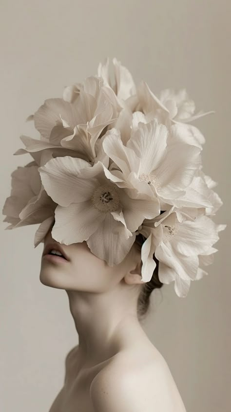 Flowers On Head Photography, Playful Minimalism, Creamy Aesthetic, Muted Aesthetic, Human Expression, Karl Blossfeldt, Photo Flowers, Wall Aesthetic, Abstract Woman