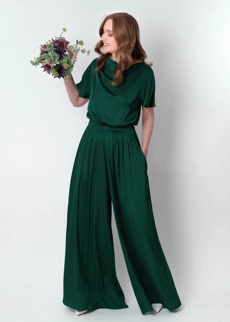 Dark Green Silk Jumpsuit Silk Jumpsuit Bridesmaid Jumpsuit - Etsy Bridemaid Dress Pants, Womens Pantsuits Wedding Guest, Wedding Pantsuit Guest, Women Suits Wedding Bridesmaid, Tomboy Wedding Outfit Guest, Wedding Jumpsuit Guest, Bridesmaid Jumpsuit Wedding, Wedding Officiant Attire, Bridesmaid Pantsuit