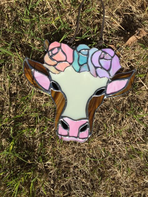 Stained Glass Western, Cow Stained Glass Patterns, 3d Stained Glass Patterns, Cow With Flower Crown, Diy Stained Glass Window, Glass Wall Hanging, Stained Glass Wall, Stained Glass Patterns Free, Tempe Arizona