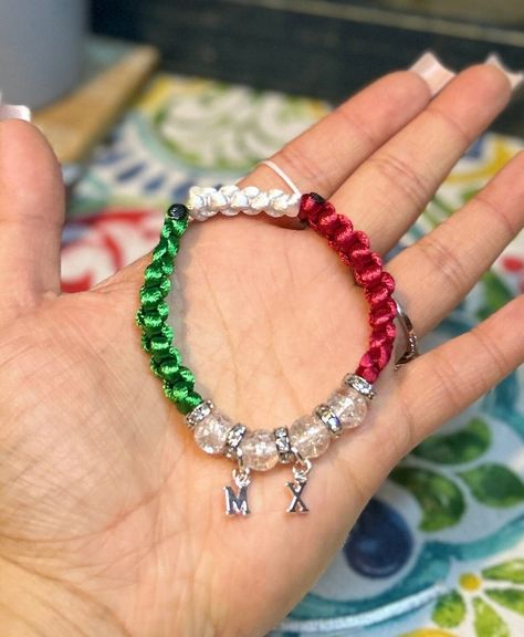 "Mexico charm bracelet with the Mexican flag colors and \"MX\" letter charms.  Adjustable to fit all sizes!" Mexico Flag Bracelets, Adjustable Bracelet Ideas, Hispanic Bracelets, Latina Picture, Mexican Jewelry Bracelets, Mexican Bracelets, Mexican Flag Colors, Mexican Things, Mexico Pictures