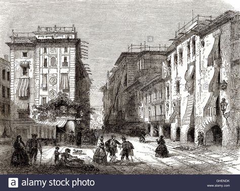 Plaza Sant Agusti, Barcelona, Spain, 19th century Stock Photo London 1800, London Drawing, Victorian Street, Historical London, 19th Century London, Temple Bar, St Clement, Victorian London, London Architecture