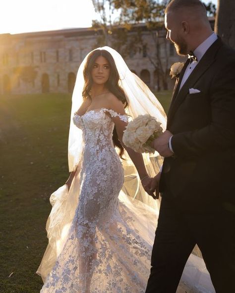 Galia Lahav on Instagram: "Walking towards her forever under the sunset, @nikoletta_vidakovic is wearing our stunning MAYA✨ The fitted, semi-sheer mermaid dress with 3D embroidered flowers captured the essence of their love story | Book your appointment today! #GLbride #galialahav" Galia Lahav Wedding Dress, Strapless Wedding Gown, Exquisite Gowns, Galia Lahav, Silk Tulle, Wedding Gowns Lace, Mermaid Gown, Book Your Appointment, Story Book