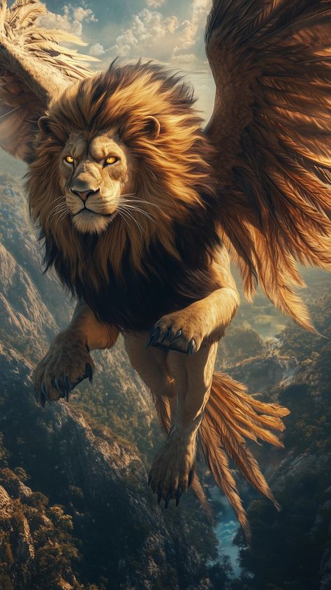 Mythical Lion, Lion With Wings, Abstract Horse Art, Winged Lion, Feathered Wings, Snake Wallpaper, Mountainous Landscape, Lion Artwork, Eagle Wallpaper