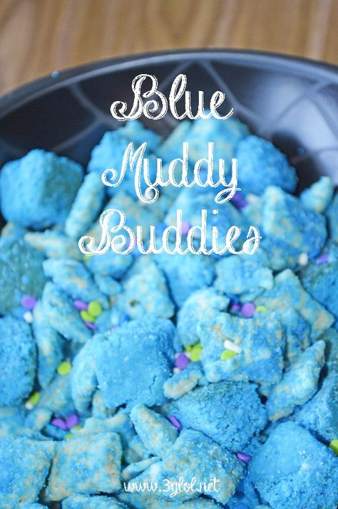 Ideas For Color Party, Blue Muddy Buddies, Blue Party Food, Blue Appetizers, Blue Food Ideas, Blue Party Foods, Chex Mix Muddy Buddies, Blue Foods, Blue Snacks