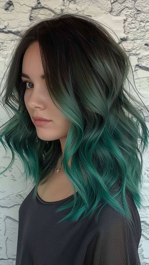 Discover 25 Green Hair Colors for Your Next Style Change Brown To Dark Green Ombre Hair, Emerald Green Balayage Hair, Medium Length Green Hair, Green Baylage, Smokey Green Hair, Dark Green And Brown Hair, Brown And Green Hair, Jade Green Hair, Green Balayage