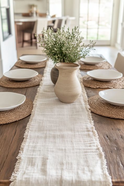 What’s a simple way to add depth to your dining table? A fabric table runner in a soft, neutral tone like taupe or cream adds an elegant layer to your setup. Linen or cotton runners bring a relaxed yet polished look that fits seamlessly with a neutral dining room. Why not try this easy touch to elevate your dining decor without overwhelming it? Neutral Dinner Table Decor, Dining Table Decor With Runner, Dining Table Everyday Decor, Set Table Ideas, Tablescapes Ideas Everyday, Dinner Table Decor Everyday, Everyday Table Settings, Dining Table Aesthetic, Dining Table Setting Ideas