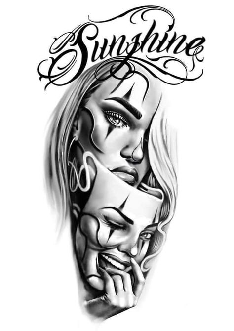 Baddie Tattoos For Women, Woman Mask Tattoo, Tatto Sleeves Girl, Gangsta Female Tattoo, Chicano Sleeve Tattoos For Women, Chicano Tattoos For Women, Clown Face Tattoo, Chicano Woman Tattoo Design, Chicano Tattoos Gangsters