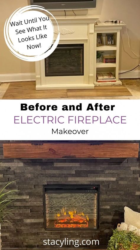 Do you love the look of an electric fireplace but want to spruce it up a bit? Check out this incredible electric fireplace DIY. #electricfireplaceideas #electricfireplacediy #electricfireplacewallwithtv #electricfireplacewallideas #beforeandafterdiy #electricfireplaceinsert #beforeandafterhome #diyfireplacemakeover Painting An Electric Fireplace, Inexpensive Fireplace Ideas, Paint Electric Fireplace, Electric Fireplace Makeover, Electric Fireplace Diy, Electric Fireplace Tv Wall, Build An Electric Fireplace, Fireplace And Tv Wall, Diy Wall Unit