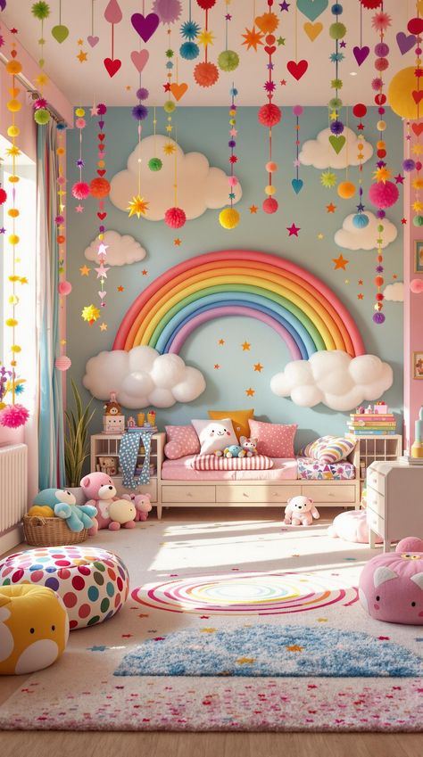 Boho Bedroom Ideas for Kids Rainbow Cloud Room Decor, Rainbow Pastel Room Ideas, Bright Rainbow Bedroom, Toddler Girls Room Colorful, Kids Colourful Bedroom, Fairytale Bedroom Ideas For Kids, Children's Bedroom Ideas Girl, Unicorn And Rainbow Bedroom Ideas, Toddler Room Ideas Girl Colorful