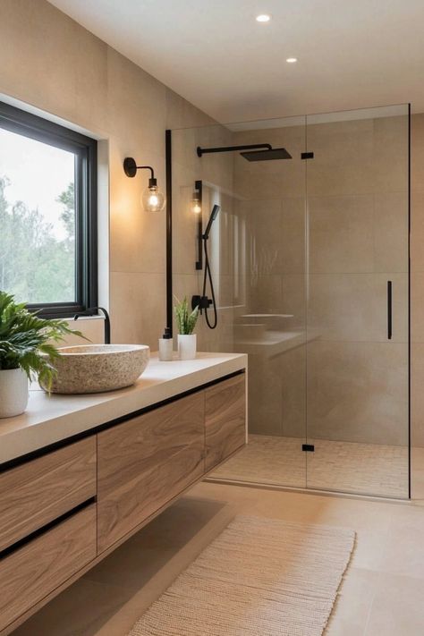 Modern bathroom with glass shower, wooden vanity, vessel sink, and potted plants. Minimalistic Bathroom Master, Bathroom Interior Design Luxury Modern, Bathroom Inspo Interior Design, Organic Modern Bathroom, Luxury Spa Bathroom, Spa Like Bathrooms, Bathroom Elegant, Spa Inspired Bathroom, Beach House Bathroom