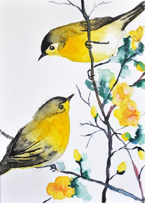 ORIGINAL Watercolor bird painting 2 Warblers / by ArtCornerShop Bird Painting, 수채화 그림, Yellow Bird, Arte Animal, Bird Drawings, Watercolor Inspiration, Art And Illustration, Watercolor Bird, Cute Birds