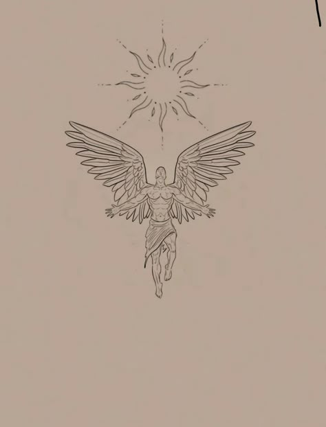 Icaro ppr Greek God With Wings Tattoo, Icarus And The Sun Tattoo, Icarus Meaning, Icarus Drawing Simple, Greece Gods Tattoo, Greek Fine Line Tattoo, Greek Angel Tattoo, Apollo Tattoo Ideas, Classic Art Tattoo