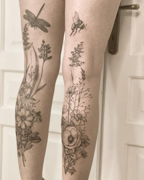 Cottagecore Tattoos Sleeve, Cottagecore Leg Tattoo, Lavender Leg Tattoo, Dark Fairycore Tattoo, Garden Leg Sleeve Tattoo, Meadow Tattoo Sleeve, Cottagecore Tattoo Sleeve, Nature Tattoo Thigh, Floral Calf Tattoo