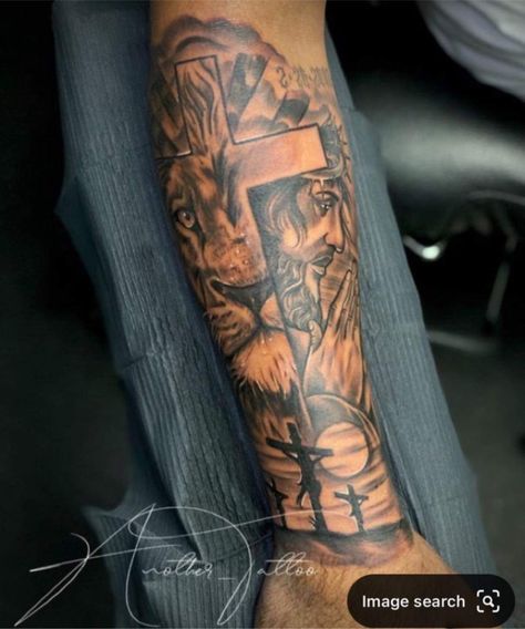 Lion And Cross Forearm Tattoos, United States Tattoo Ideas, Unique Pisces Tattoos Men, Lion Cross Clock Tattoo, Biblical Forearm Tattoo, Good Men Tattoo Ideas, Lion Of The Tribe Of Judah Tattoo, Tattoos Under $100, Three Crosses Tattoo Forearm