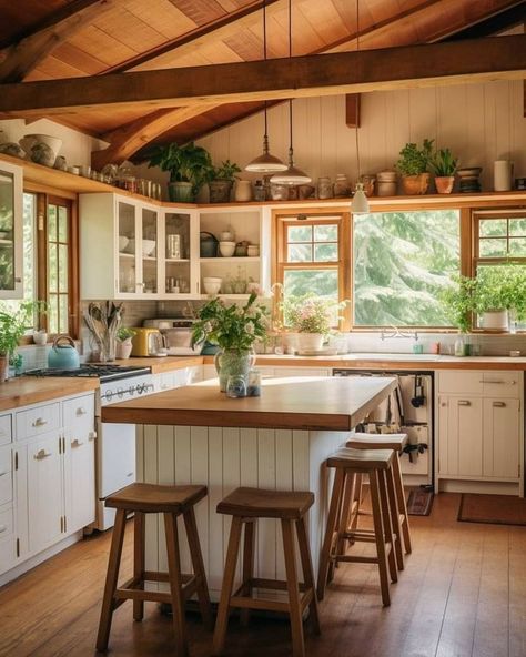 White Cabin Kitchen, Old Country Houses Interior, Cottage Core House Interior Kitchen, Cozy Wood Kitchen, Kitchen Interior Cottagecore, Fantasy Cottage Interior Kitchen, Apartment Kitchen Cottagecore, Cute Kitchen Cottage Core, Castle House Design