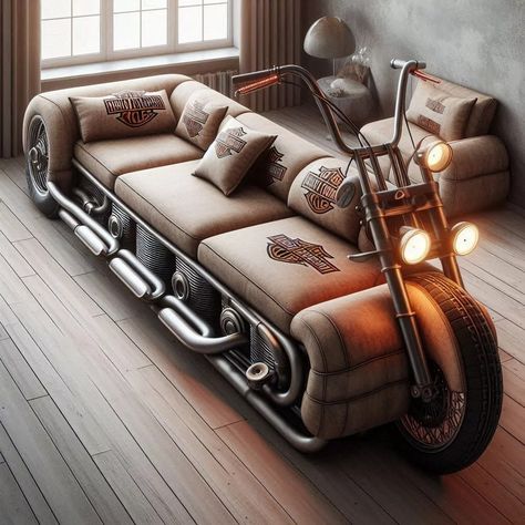 A Harley Davidson-Inspired Sofa To Rev Up Your Living Room Harley Davidson Room Ideas Man Caves, Harley Home Decor, Room Ideas Men, Horses Stuff, Harley Davidson Decor, Biker Stuff, Open Roads, Vintage Motorcycle Posters, Harley Davidson Art