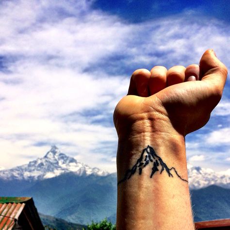 Mountaintattoo  with Himalayan Anna Purna Range in background / Nepal Himalayan Tattoo, Nepal Tattoo Ideas, Elephant Wrist Tattoo, Tattoo Designs Elephant, Tattoo Ideas Elephant, Head Tattoo Ideas, Himalayan Bike, Nepal Tattoo, Elephant Head Tattoo