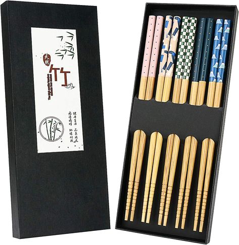 5 Pairs Japanese Natural Bamboo Chopsticks with Unique Print, Reusable Chopstick Gift Set for Sushi Rice Noodles, Chinese Tableware Washable for Dishwasher, 8.85 Inches Length Chinese Tableware, Reusable Chopsticks, Noodles Chinese, Chinese Chop, Bamboo Chopsticks, Japanese Chopsticks, Wedding Gift List, Layered Bobs, Sushi Rice