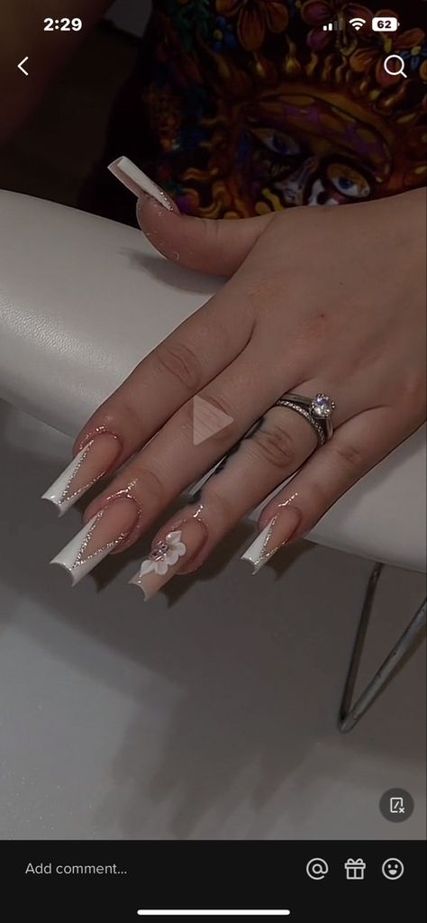 V Tips Acrylic Nails, V Shaped Nail Design, Nails 2023 Graduation, French Nail Flower Designs, Nails For Graduation Short, French Tip Nails With Acrylic Flowers, V French Acrylic Nails, Acrylic V French Tip Nails, French Tip With Stones Nail Design