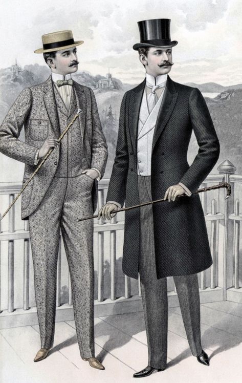 In the 1890-1900 men would wear frock coats during the day. These coats were knee length and had no grunt cut away. This frock coat could also be called a Prince Albert. During the Edwardian era these coats were worn day to day ad modern lounge suits. 1900 Fashion, 1890s Fashion, Gentleman Outfit, 1910s Fashion, Class Outfit, Jordan Sneaker, Top Hats, Edwardian Era, Edwardian Fashion